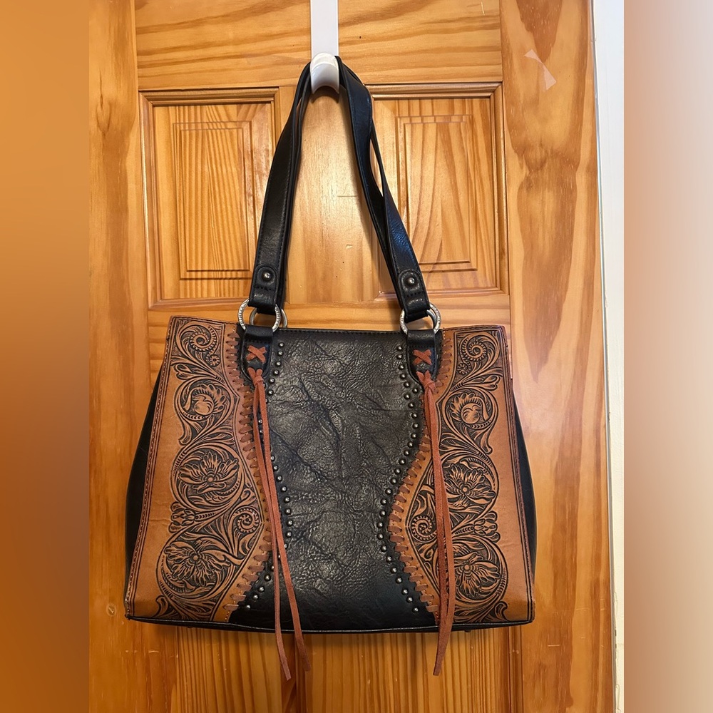 Tan and Black Shoulder Bag with Intricate Embossed Patterns